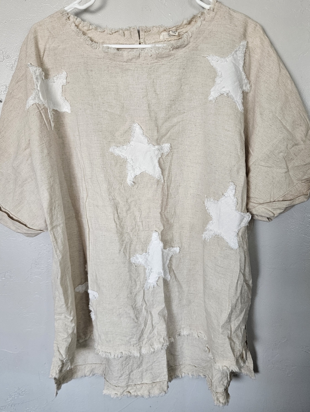 Frayed Star Appliqué Linen Top Beige White Blue Velvet Women's Small Oversized